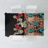 Hawaiian Hibiscus and Tropical Leaves Tablecloth Patchwork Grunge Abstract Vintage Style LT03 Black - Polynesian Pride