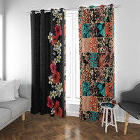 Hawaiian Hibiscus and Tropical Leaves Window Curtain Patchwork Grunge Abstract Vintage Style LT03 With Grommets Black - Polynesian Pride