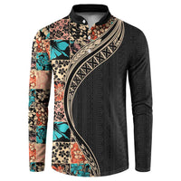 Hawaiian Hibiscus and Tropical Leaves Button Sweatshirt Patchwork Grunge Abstract and Tapa Tribal Pattern Half Style LT03 Black - Polynesian Pride