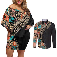 Hawaiian Hibiscus and Tropical Leaves Couples Matching Off Shoulder Short Dress and Long Sleeve Button Shirt Patchwork Grunge Abstract and Tapa Tribal Pattern Half Style LT03 Black - Polynesian Pride