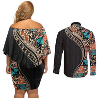 Hawaiian Hibiscus and Tropical Leaves Couples Matching Off Shoulder Short Dress and Long Sleeve Button Shirt Patchwork Grunge Abstract and Tapa Tribal Pattern Half Style LT03 - Polynesian Pride