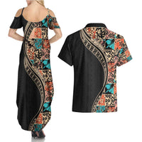 Hawaiian Hibiscus and Tropical Leaves Couples Matching Summer Maxi Dress and Hawaiian Shirt Patchwork Grunge Abstract and Tapa Tribal Pattern Half Style LT03 - Polynesian Pride