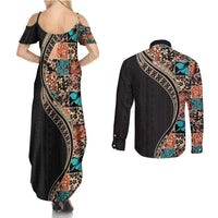 Hawaiian Hibiscus and Tropical Leaves Couples Matching Summer Maxi Dress and Long Sleeve Button Shirt Patchwork Grunge Abstract and Tapa Tribal Pattern Half Style LT03 - Polynesian Pride