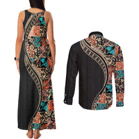 Hawaiian Hibiscus and Tropical Leaves Couples Matching Tank Maxi Dress and Long Sleeve Button Shirt Patchwork Grunge Abstract and Tapa Tribal Pattern Half Style LT03 - Polynesian Pride