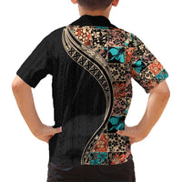 Hawaiian Hibiscus and Tropical Leaves Family Matching Long Sleeve Bodycon Dress and Hawaiian Shirt Patchwork Grunge Abstract and Tapa Tribal Pattern Half Style