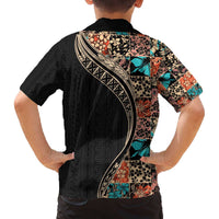 Hawaiian Hibiscus and Tropical Leaves Family Matching Off Shoulder Short Dress and Hawaiian Shirt Patchwork Grunge Abstract and Tapa Tribal Pattern Half Style
