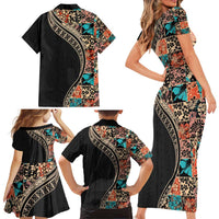 Hawaiian Hibiscus and Tropical Leaves Family Matching Short Sleeve Bodycon Dress and Hawaiian Shirt Patchwork Grunge Abstract and Tapa Tribal Pattern Half Style LT03 - Polynesian Pride