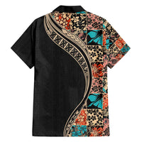 Hawaiian Hibiscus and Tropical Leaves Family Matching Short Sleeve Bodycon Dress and Hawaiian Shirt Patchwork Grunge Abstract and Tapa Tribal Pattern Half Style LT03 - Polynesian Pride
