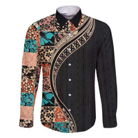 Hawaiian Hibiscus and Tropical Leaves Family Matching Short Sleeve Bodycon Dress and Hawaiian Shirt Patchwork Grunge Abstract and Tapa Tribal Pattern Half Style LT03 Dad's Shirt - Long Sleeve Black - Polynesian Pride