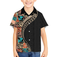 Hawaiian Hibiscus and Tropical Leaves Family Matching Short Sleeve Bodycon Dress and Hawaiian Shirt Patchwork Grunge Abstract and Tapa Tribal Pattern Half Style LT03 Son's Shirt Black - Polynesian Pride