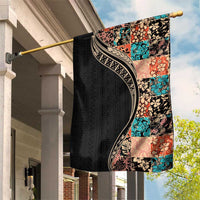 Hawaiian Hibiscus and Tropical Leaves Garden Flag Patchwork Grunge Abstract and Tapa Tribal Pattern Half Style LT03 House Flag Black - Polynesian Pride