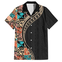 Hawaiian Hibiscus and Tropical Leaves Hawaiian Shirt Patchwork Grunge Abstract and Tapa Tribal Pattern Half Style LT03 Black - Polynesian Pride