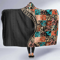 Hawaiian Hibiscus and Tropical Leaves Hooded Blanket Patchwork Grunge Abstract and Tapa Tribal Pattern Half Style LT03 One Size Black - Polynesian Pride