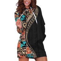 Hawaiian Hibiscus and Tropical Leaves Hoodie Dress Patchwork Grunge Abstract and Tapa Tribal Pattern Half Style LT03 Black - Polynesian Pride
