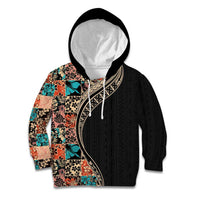 Hawaiian Hibiscus and Tropical Leaves Kid Hoodie Patchwork Grunge Abstract and Tapa Tribal Pattern Half Style