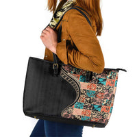 Hawaiian Hibiscus and Tropical Leaves Leather Tote Bag Patchwork Grunge Abstract and Tapa Tribal Pattern Half Style LT03 Black - Polynesian Pride