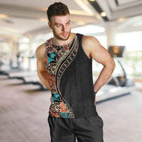 Hawaiian Hibiscus and Tropical Leaves Men Tank Top Patchwork Grunge Abstract and Tapa Tribal Pattern Half Style LT03 Black - Polynesian Pride