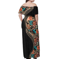 Hawaiian Hibiscus and Tropical Leaves Off Shoulder Maxi Dress Patchwork Grunge Abstract and Tapa Tribal Pattern Half Style LT03 - Polynesian Pride