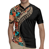 Hawaiian Hibiscus and Tropical Leaves Rugby Jersey Patchwork Grunge Abstract and Tapa Tribal Pattern Half Style LT03 - Polynesian Pride