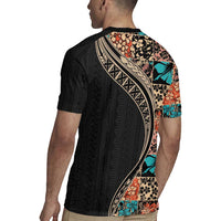 Hawaiian Hibiscus and Tropical Leaves Rugby Jersey Patchwork Grunge Abstract and Tapa Tribal Pattern Half Style LT03 - Polynesian Pride