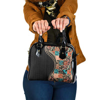 Hawaiian Hibiscus and Tropical Leaves Shoulder Handbag Patchwork Grunge Abstract and Tapa Tribal Pattern Half Style LT03 One Size Black - Polynesian Pride