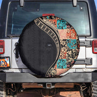 Hawaiian Hibiscus and Tropical Leaves Spare Tire Cover Patchwork Grunge Abstract and Tapa Tribal Pattern Half Style LT03 Black - Polynesian Pride
