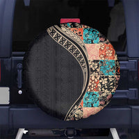 Hawaiian Hibiscus and Tropical Leaves Spare Tire Cover Patchwork Grunge Abstract and Tapa Tribal Pattern Half Style LT03 - Polynesian Pride