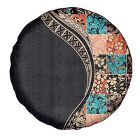 Hawaiian Hibiscus and Tropical Leaves Spare Tire Cover Patchwork Grunge Abstract and Tapa Tribal Pattern Half Style LT03 - Polynesian Pride