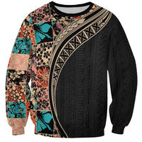 Hawaiian Hibiscus and Tropical Leaves Sweatshirt Patchwork Grunge Abstract and Tapa Tribal Pattern Half Style LT03 Unisex Black - Polynesian Pride
