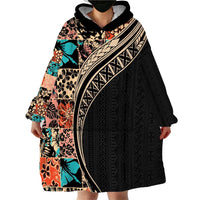 Hawaiian Hibiscus and Tropical Leaves Wearable Blanket Hoodie Patchwork Grunge Abstract and Tapa Tribal Pattern Half Style LT03 - Polynesian Pride