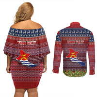 Personalised Kiribati Christmas Couples Matching Off Shoulder Short Dress and Long Sleeve Button Shirts Coat of Arms and Map Beautiful Merry Xmas Snowflake LT03 - Polynesian Pride