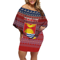 Personalised Kiribati Christmas Off Shoulder Short Dress Coat of Arms and Map Beautiful Merry Xmas Snowflake LT03 Women Red - Polynesian Pride
