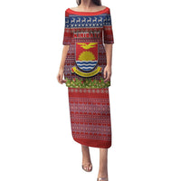 Personalised Kiribati Christmas Puletasi Coat of Arms and Map Beautiful Merry Xmas Snowflake LT03 Long Dress Red - Polynesian Pride