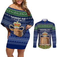 Personalised Tokelau Christmas Couples Matching Off Shoulder Short Dress and Long Sleeve Button Shirts Coat of Arms and Map Beautiful Merry Xmas Snowflake LT03 Blue - Polynesian Pride