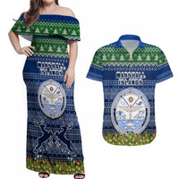 personalised-marshall-islands-christmas-couples-matching-off-shoulder-maxi-dress-and-hawaiian-shirt-coat-of-arms-and-map-beautiful-merry-xmas-snowflake