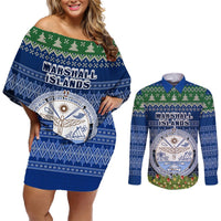 Personalised Marshall Islands Christmas Couples Matching Off Shoulder Short Dress and Long Sleeve Button Shirts Coat of Arms and Map Beautiful Merry Xmas Snowflake LT03 Blue - Polynesian Pride