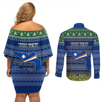Personalised Marshall Islands Christmas Couples Matching Off Shoulder Short Dress and Long Sleeve Button Shirts Coat of Arms and Map Beautiful Merry Xmas Snowflake LT03 - Polynesian Pride