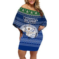 Personalised Marshall Islands Christmas Off Shoulder Short Dress Coat of Arms and Map Beautiful Merry Xmas Snowflake LT03 Women Blue - Polynesian Pride