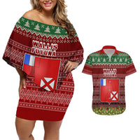 Personalised Wallis and Futuna Christmas Couples Matching Off Shoulder Short Dress and Hawaiian Shirt Coat of Arms and Map Beautiful Merry Xmas Snowflake LT03 Red - Polynesian Pride