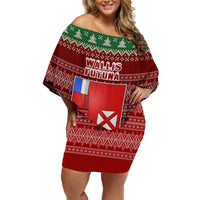 Personalised Wallis and Futuna Christmas Off Shoulder Short Dress Coat of Arms and Map Beautiful Merry Xmas Snowflake LT03 Women Red - Polynesian Pride