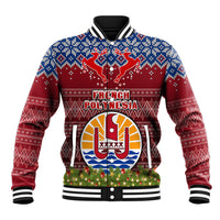 Personalised French Polynesia Christmas Baseball Jacket Coat of Arms and Map Beautiful Merry Xmas Snowflake LT03 Unisex Red - Polynesian Pride