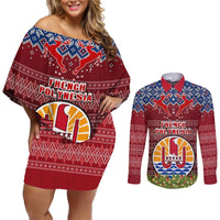 Personalised French Polynesia Christmas Couples Matching Off Shoulder Short Dress and Long Sleeve Button Shirts Coat of Arms and Map Beautiful Merry Xmas Snowflake LT03 Red - Polynesian Pride
