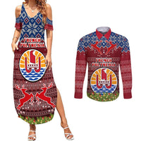 Personalised French Polynesia Christmas Couples Matching Summer Maxi Dress and Long Sleeve Button Shirts Coat of Arms and Map Beautiful Merry Xmas Snowflake LT03 Red - Polynesian Pride