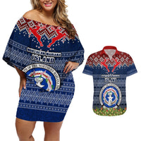 Personalised Northern Mariana Islands Christmas Couples Matching Off Shoulder Short Dress and Hawaiian Shirt Coat of Arms and Map Beautiful Merry Xmas Snowflake LT03 Blue - Polynesian Pride