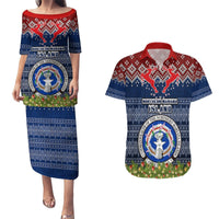 Personalised Northern Mariana Islands Christmas Couples Matching Puletasi Dress and Hawaiian Shirt Coat of Arms and Map Beautiful Merry Xmas Snowflake LT03 Blue - Polynesian Pride