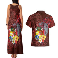 Tonga Humpback Whale Couples Matching Tank Maxi Dress and Hawaiian Shirt National Seal with Hibiscus and Polynesian Tattoo