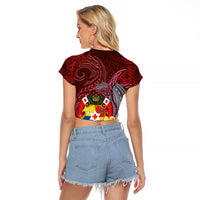 Tonga Humpback Whale Raglan Cropped T Shirt National Seal with Hibiscus and Polynesian Tattoo LT03 - Polynesian Pride