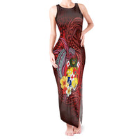 Tonga Humpback Whale Tank Maxi Dress National Seal with Hibiscus and Polynesian Tattoo LT03 Women Red - Polynesian Pride