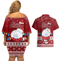 Palau Christmas Couples Matching Off Shoulder Short Dress and Hawaiian Shirt Snowman and Palau Coat of Arms Maori Tribal Xmas Style LT03 - Polynesian Pride