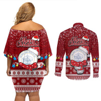 Palau Christmas Couples Matching Off Shoulder Short Dress and Long Sleeve Button Shirt Snowman and Palau Coat of Arms Maori Tribal Xmas Style LT03 - Polynesian Pride